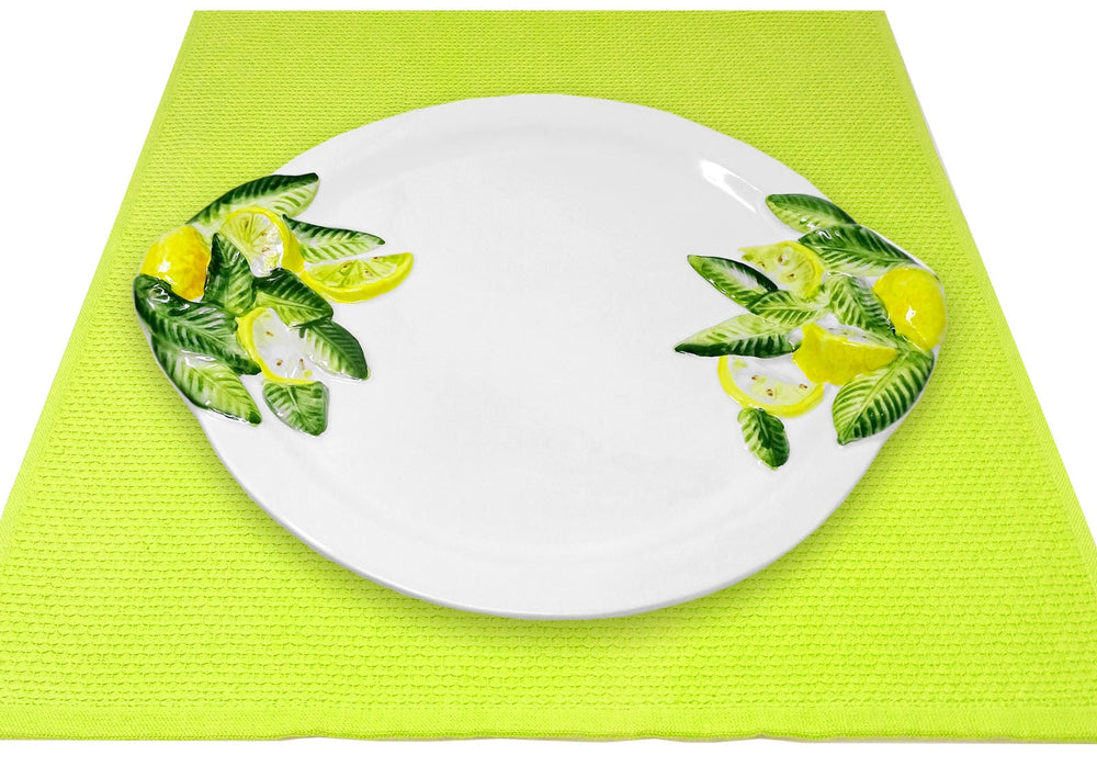 Handgemachter Servierteller Rund aus Italienischer Keramik, Essteller Zitronen Design, Großer Platzteller 30x34 cm