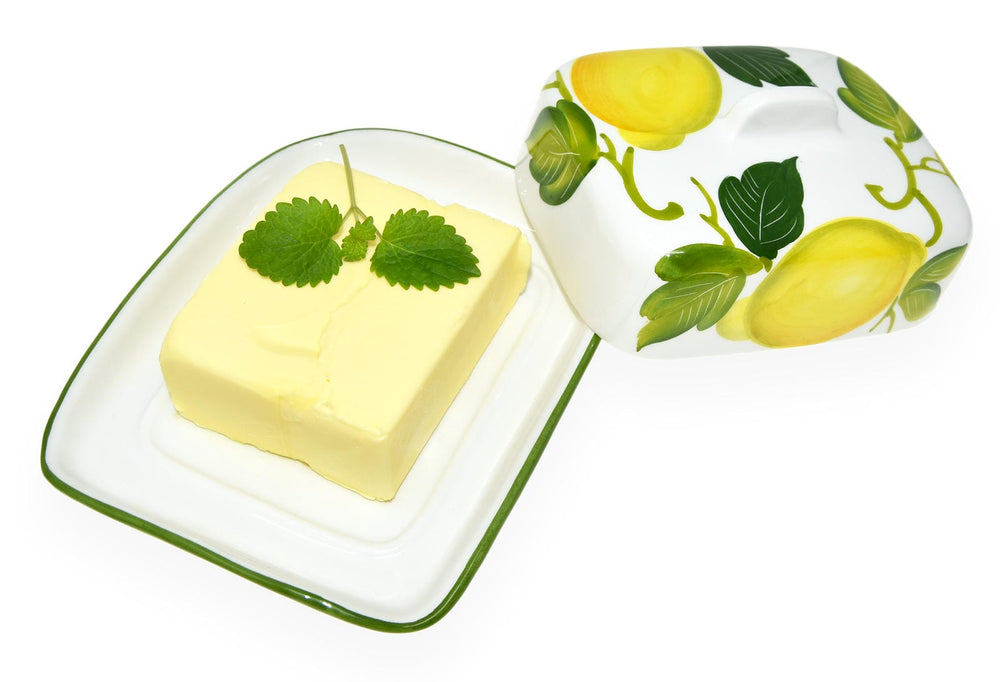 Handgemachte Kleine Butterdose aus Bemalter Italienischer Keramik im Zitronendesign, Butterglocke Größe 12x9 cm