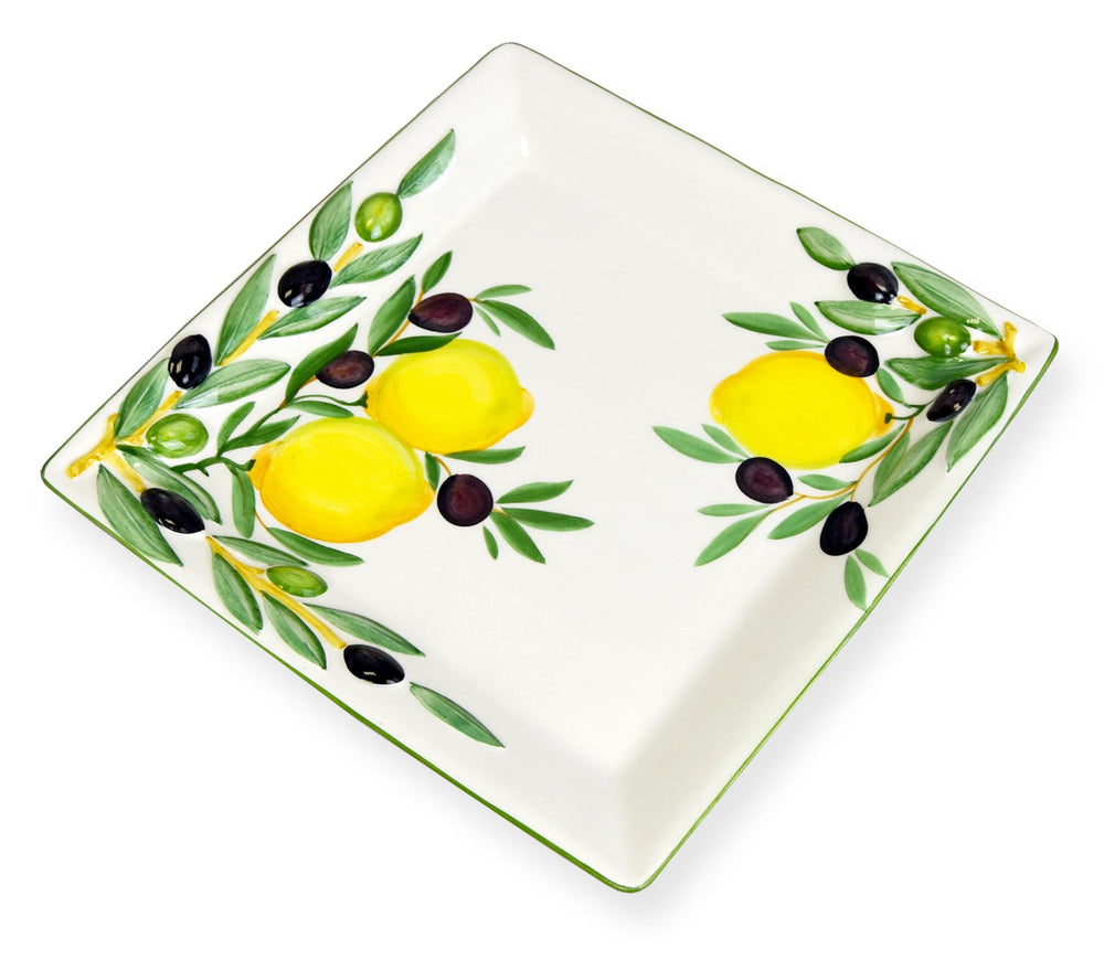 Italienische Servierplatte mit Reliefdekor, Keramikteller Motiv: Zitrone Olive, Quadratische Salatplatte 27x27 cm