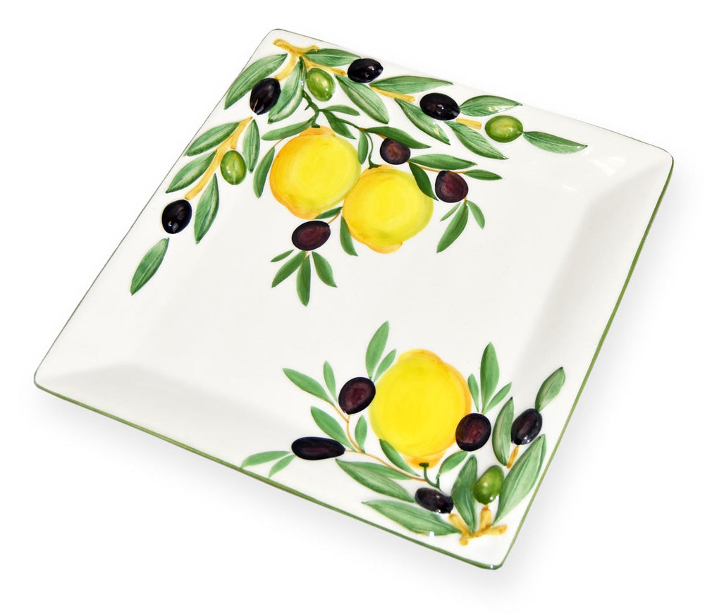 Italienische Servierplatte mit Reliefdekor, Keramikteller Motiv: Zitrone Olive, Quadratische Salatplatte 27x27 cm