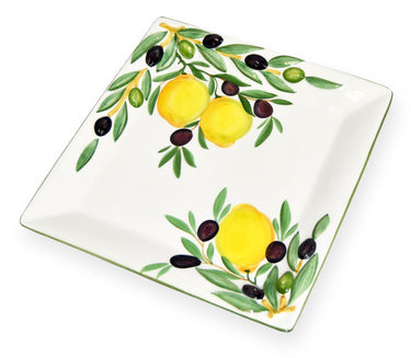Italienische Servierplatte mit Reliefdekor, Keramikteller Motiv: Zitrone Olive, Quadratische Salatplatte 27x27 cm