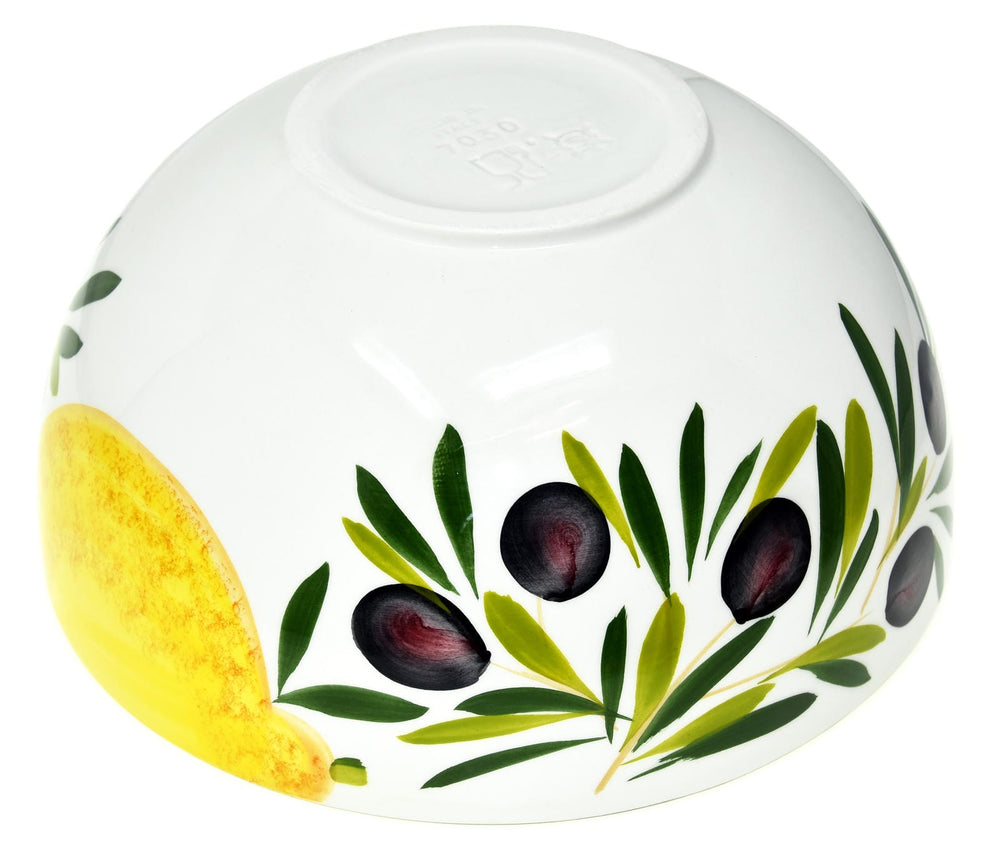 Runde Keramik Servierschüssel 26 cm, Handbemalte italienische Keramikschale, Design Zitrone - Olive, Tiefe: 12 cm