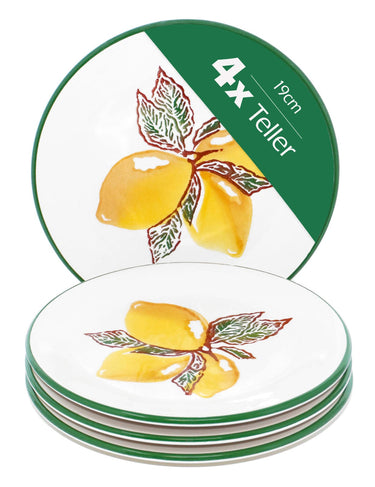 Kuchenteller Set 4 Personen, Teller mit Zitronenmotiv gelb, Essteller Keramik 19 cm Ø