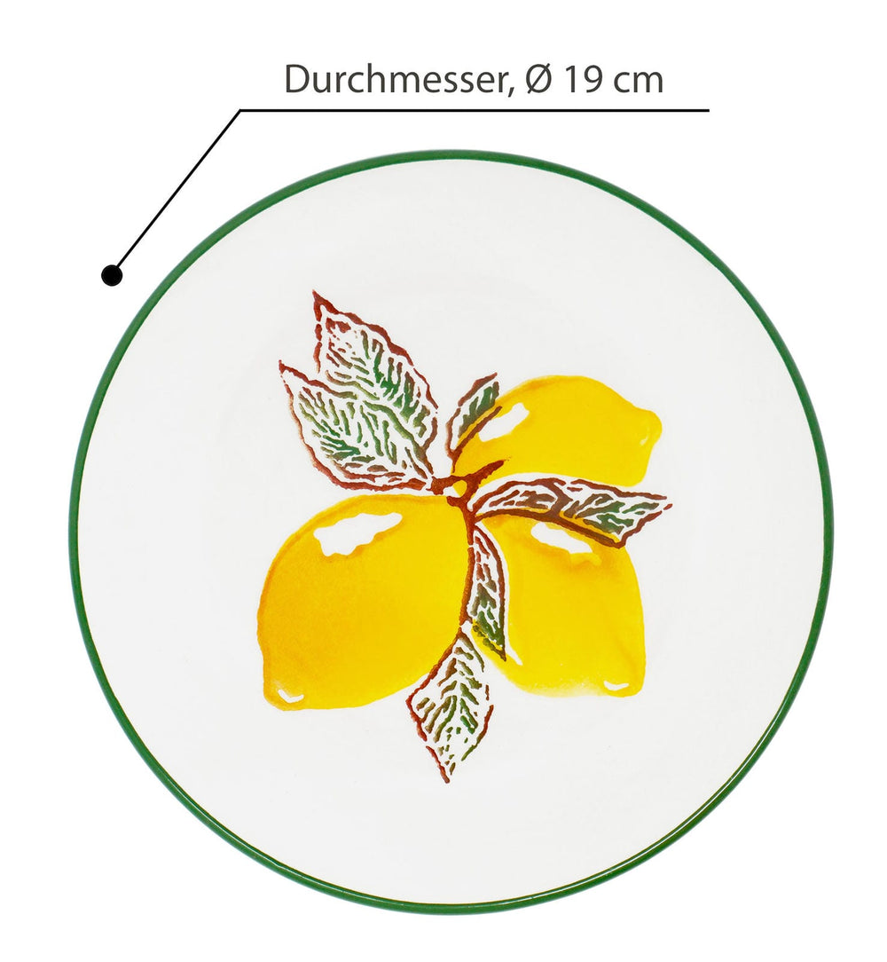 Kuchenteller Set 4 Personen, Teller mit Zitronenmotiv gelb, Essteller Keramik 19 cm Ø