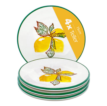 flache Brotteller 15 cm Ø, Teller Keramik Set 4 teilig, Dessertteller gelb Zitrone