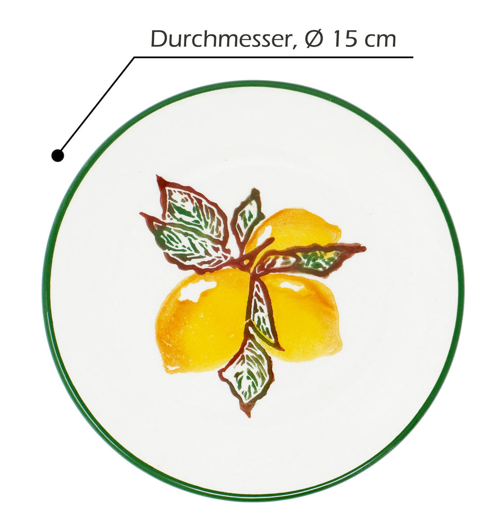 flache Brotteller 15 cm Ø, Teller Keramik Set 4 teilig, Dessertteller gelb Zitrone