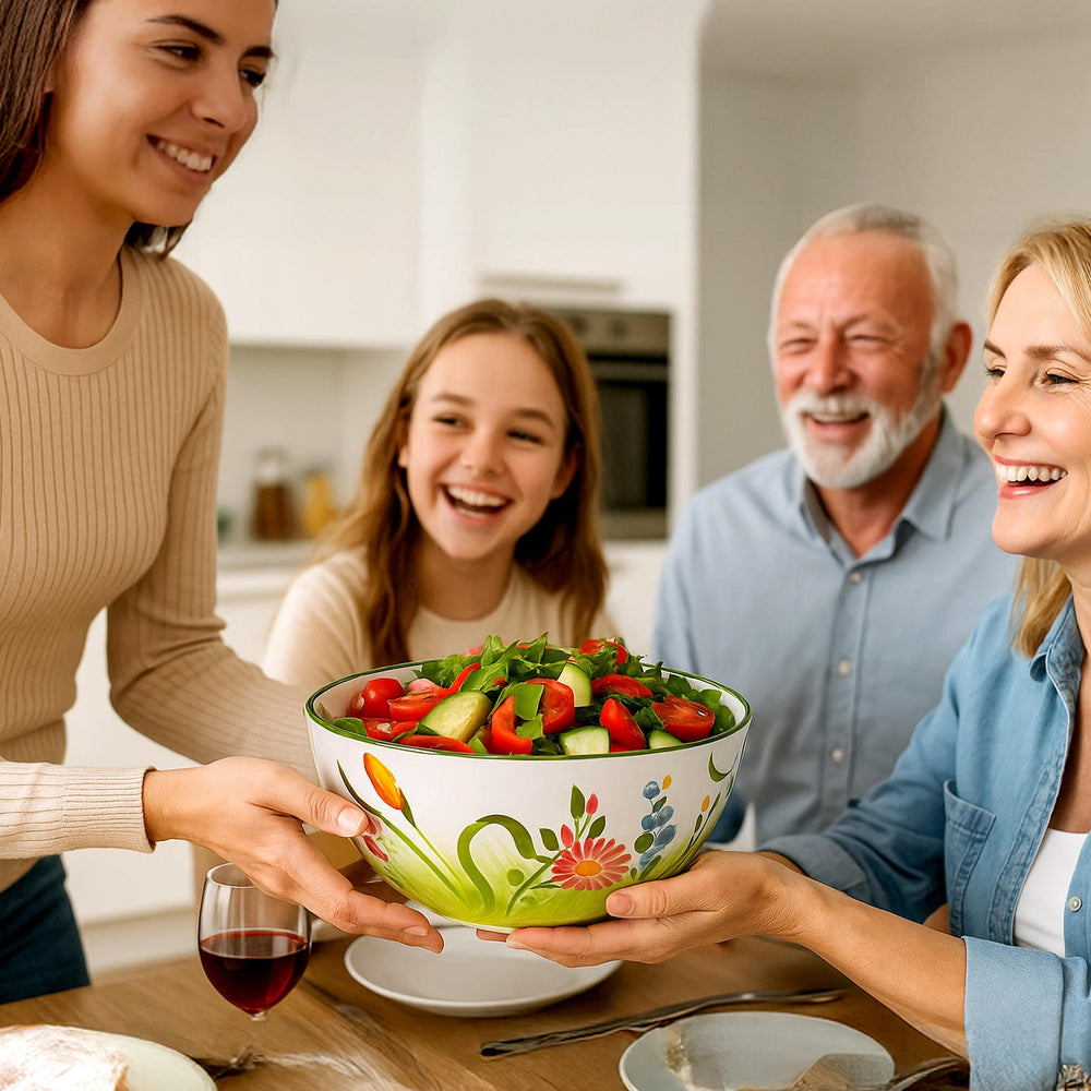 Handgemachte Große Salatschale, Pastaschüssel mit Blumenwiesen Muster, Italienische Keramik Schale 27 cm