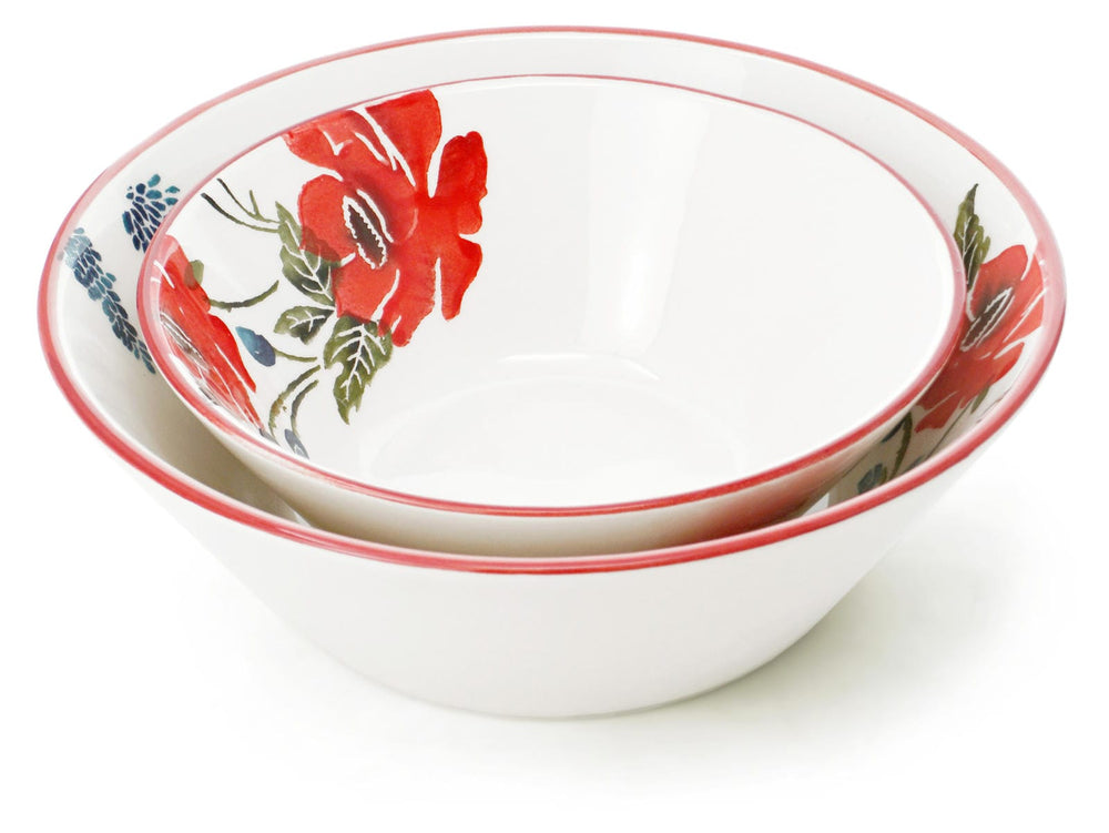 Salatschüssel Keramik Set 2 teilig, Schüssel bunt Mohnblume 18 cm Ø, Suppenschale tief 23 cm Ø