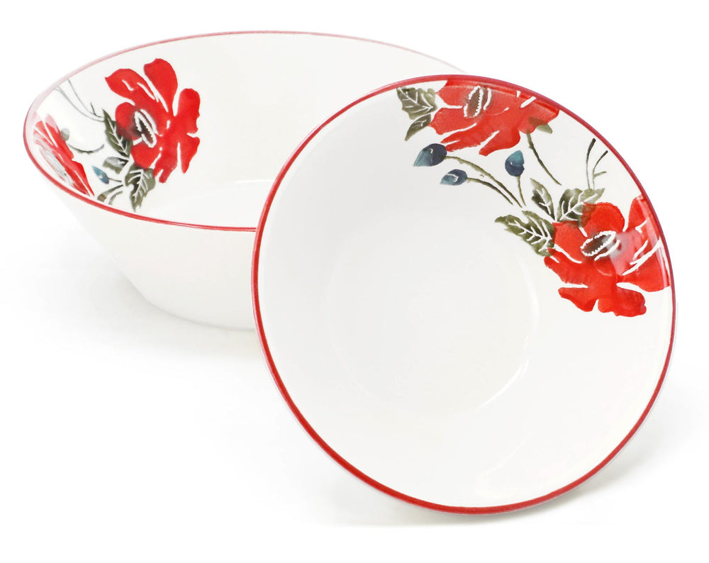 Salatschüssel Keramik Set 2 teilig, Schüssel bunt Mohnblume 18 cm Ø, Suppenschale tief 23 cm Ø