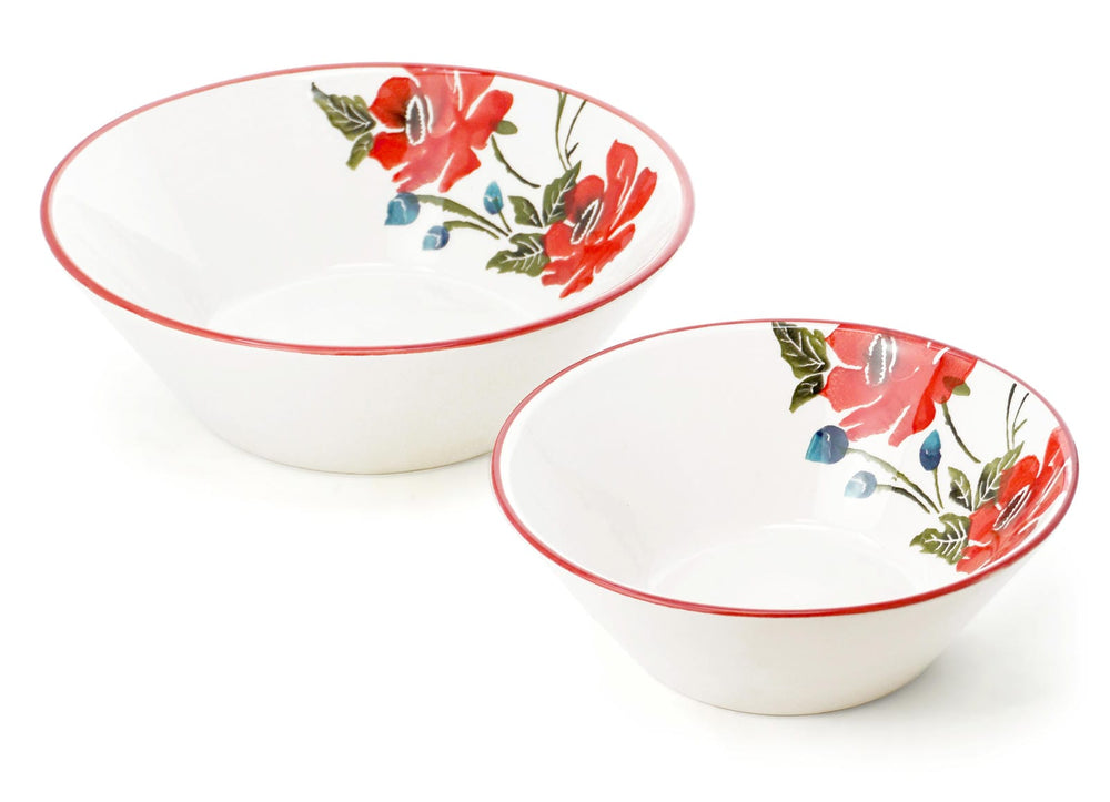Salatschüssel Keramik Set 2 teilig, Schüssel bunt Mohnblume 18 cm Ø, Suppenschale tief 23 cm Ø