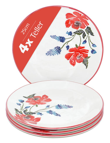 Essteller Set 4 teilig, Keramik Teller bunt Mohnblume, Servierteller groß rund 25 cm Ø