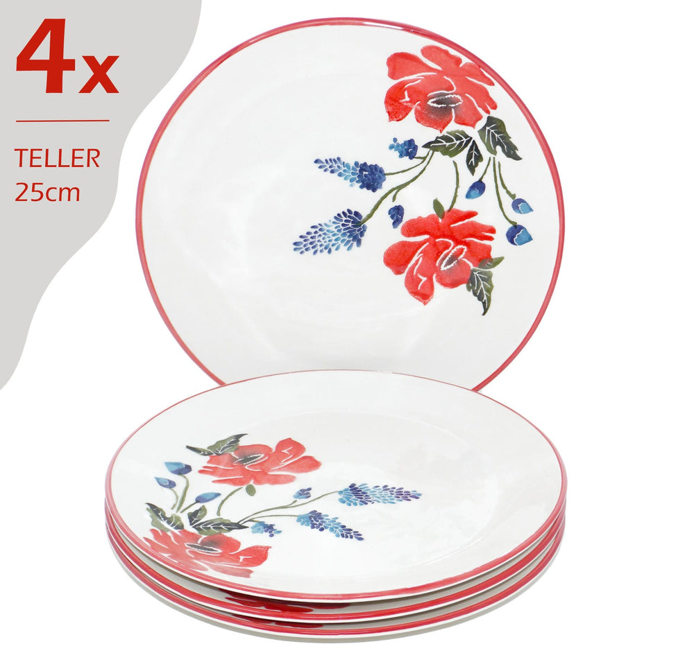 Essteller Set 4 teilig, Keramik Teller bunt Mohnblume, Servierteller groß rund 25 cm Ø