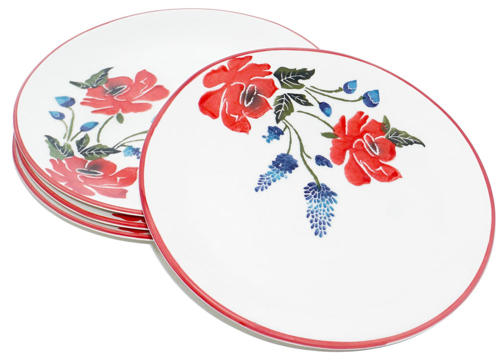 Essteller Set 4 teilig, Keramik Teller bunt Mohnblume, Servierteller groß rund 25 cm Ø