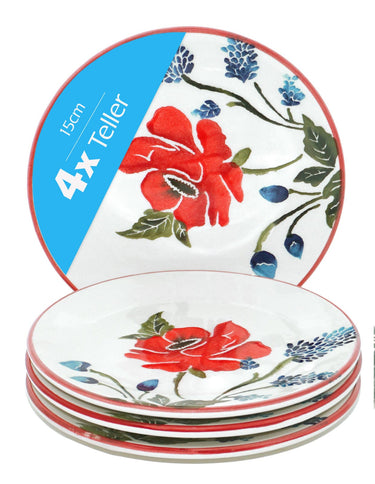 Frühstücksteller 4er Set, flache Kuchenteller bunt Mohnblume, Keramikteller rund 15 cm Ø
