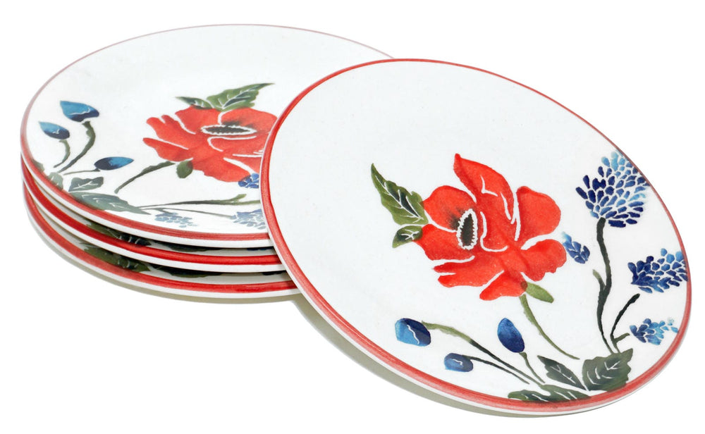 Frühstücksteller 4er Set, flache Kuchenteller bunt Mohnblume, Keramikteller rund 15 cm Ø