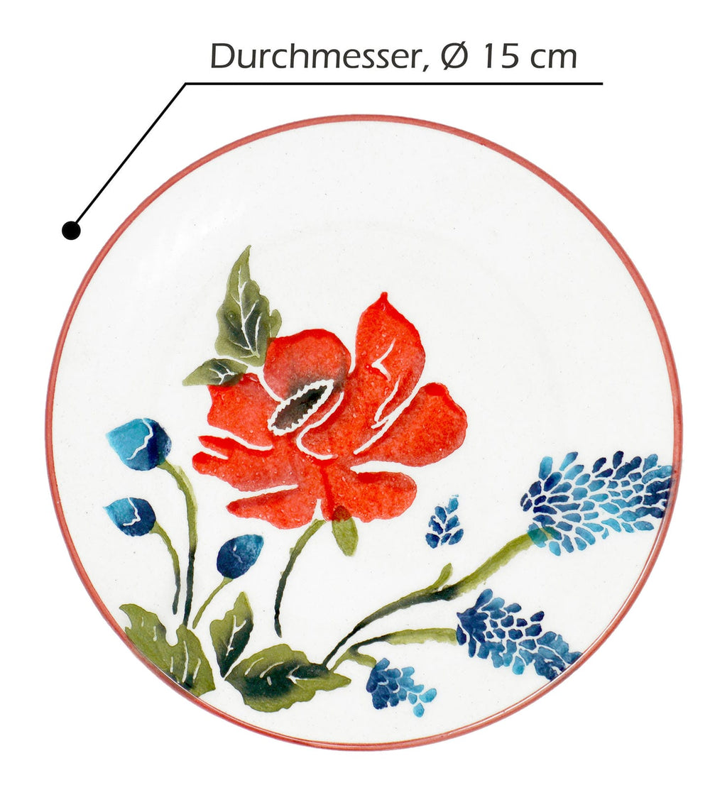 Frühstücksteller 4er Set, flache Kuchenteller bunt Mohnblume, Keramikteller rund 15 cm Ø