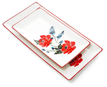 2x Servierteller 28x15 cm - 38x18 cm, Fischplatten Keramik, Vorspeisenteller bunt Mohnblume