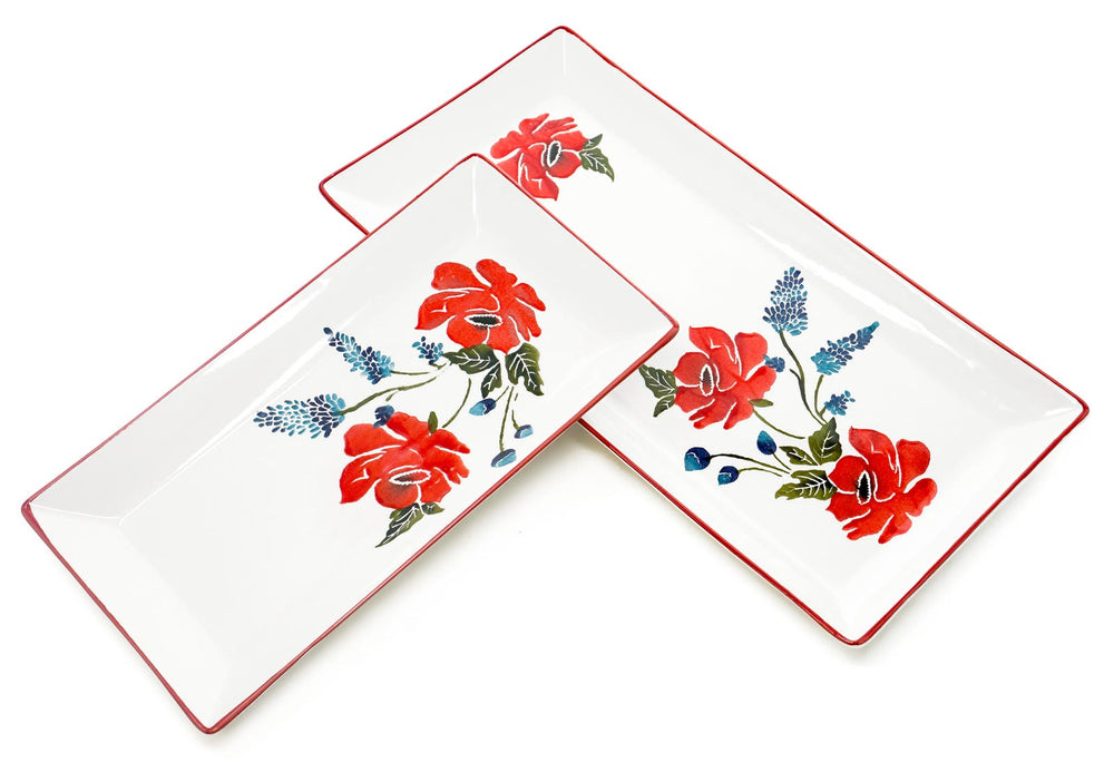 2x Servierteller 28x15 cm - 38x18 cm, Fischplatten Keramik, Vorspeisenteller bunt Mohnblume