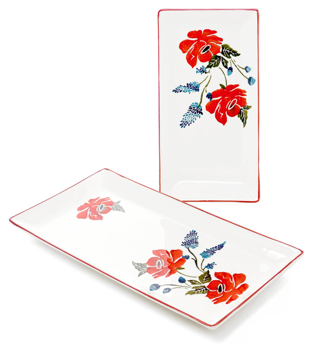 2x Servierteller 28x15 cm - 38x18 cm, Fischplatten Keramik, Vorspeisenteller bunt Mohnblume