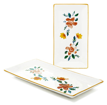 2x Keramikteller eckig, Servierplatte bunt Blütenfest 28x15 cm, Salatteller tief 38x18 cm