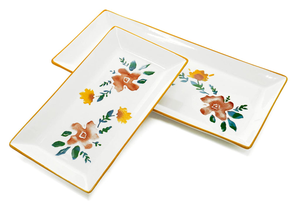 2x Keramikteller eckig, Servierplatte bunt Blütenfest 28x15 cm, Salatteller tief 38x18 cm