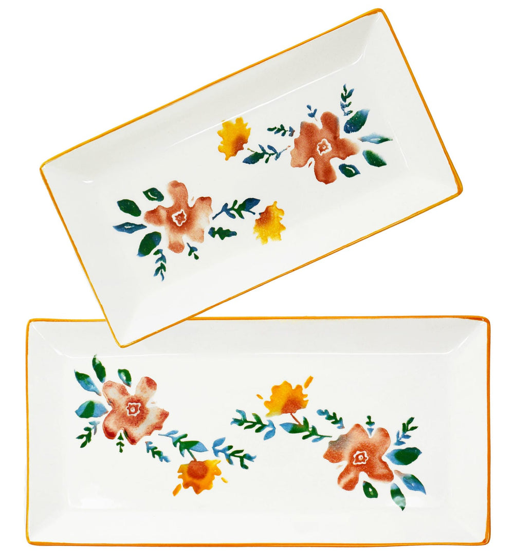 2x Keramikteller eckig, Servierplatte bunt Blütenfest 28x15 cm, Salatteller tief 38x18 cm