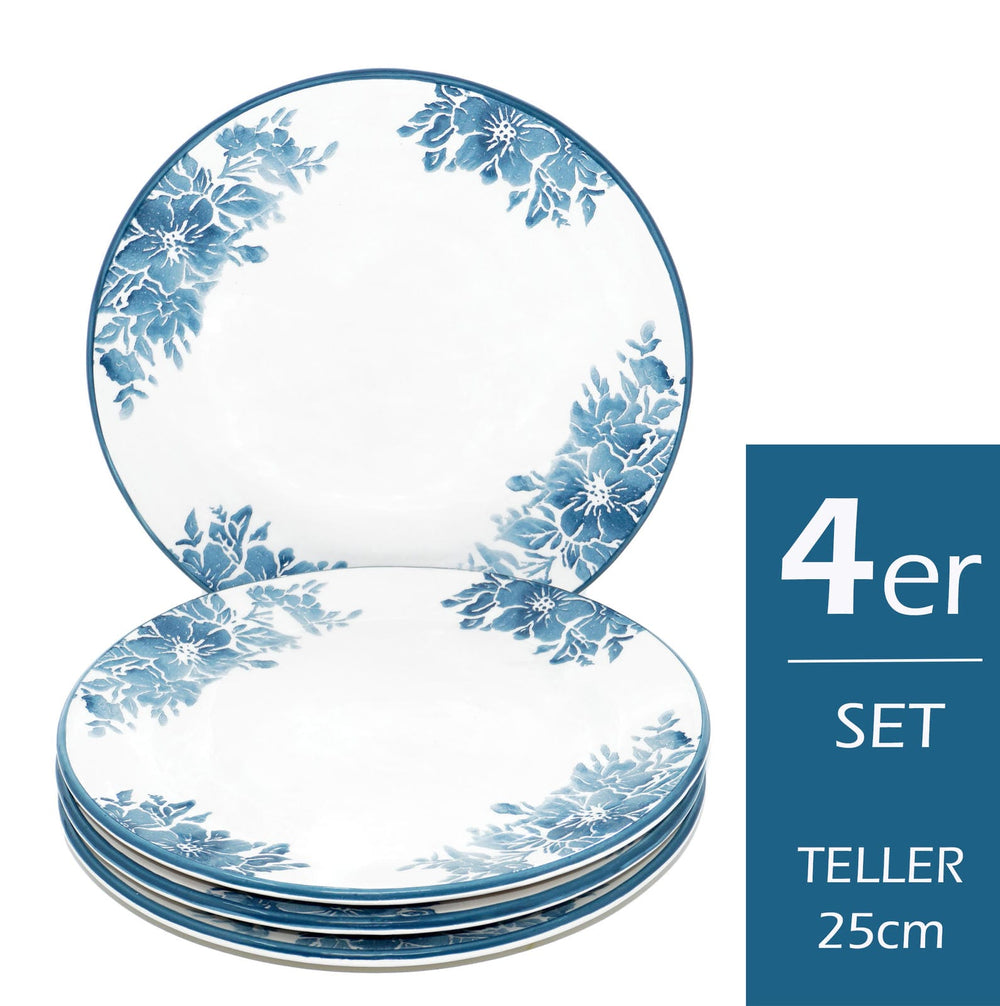 Speiseteller Blumen blau Enzian, Essteller 4er Set rund, große Keramikteller 25 cm Ø