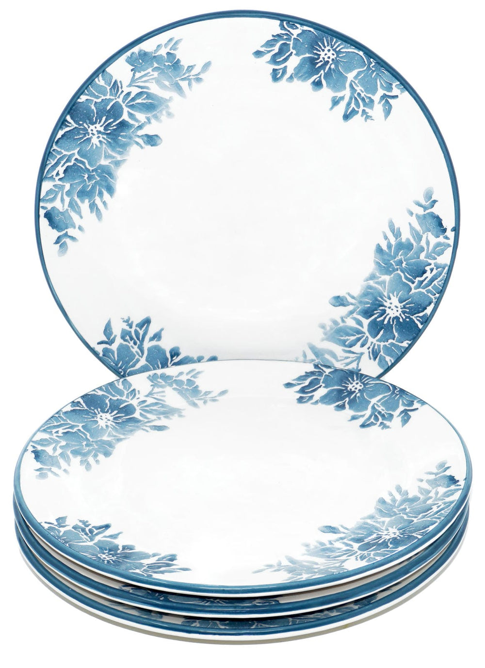 Speiseteller Blumen blau Enzian, Essteller 4er Set rund, große Keramikteller 25 cm Ø