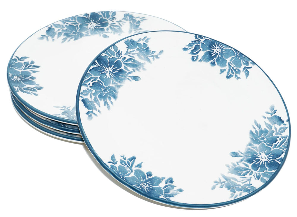 Speiseteller Blumen blau Enzian, Essteller 4er Set rund, große Keramikteller 25 cm Ø