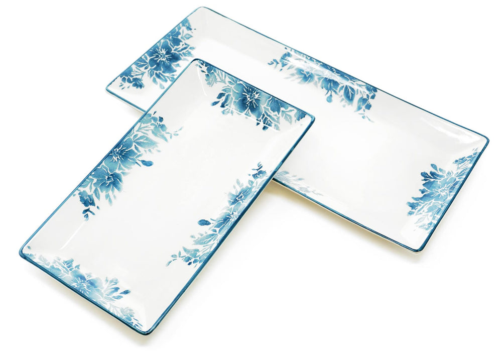 Kuchenplatten blau Enzian, 2er Set Speiseteller 28x15 cm - 38x18 cm, Fleischteller eckig