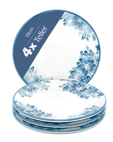 4x Speiseteller blau weiß, Tellerset Keramik 19 cm Ø, runde Dessertteller Blumen Enzian