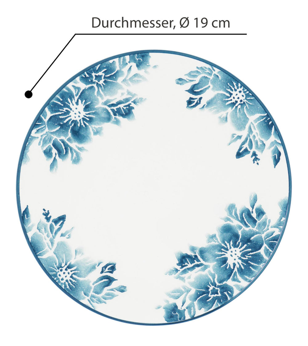 4x Speiseteller blau weiß, Tellerset Keramik 19 cm Ø, runde Dessertteller Blumen Enzian