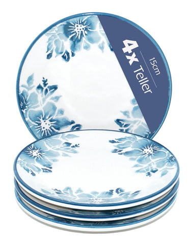 4x Essteller blau Blumen Enzian, Abendbrotteller Keramik 15 cm Ø, Tellerset rund flach