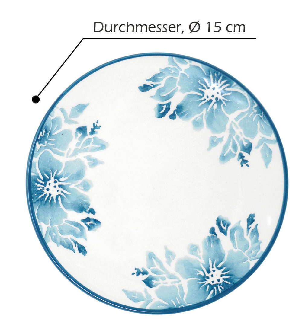 4x Essteller blau Blumen Enzian, Abendbrotteller Keramik 15 cm Ø, Tellerset rund flach