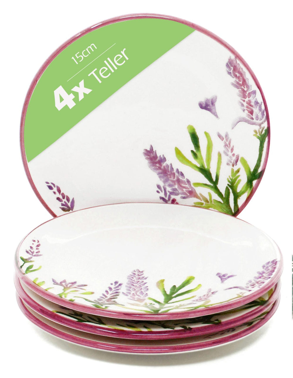 runde Kuchenteller 15 cm Ø, Frühstücksteller lila Lavendel, Brotteller Set 4 teilig