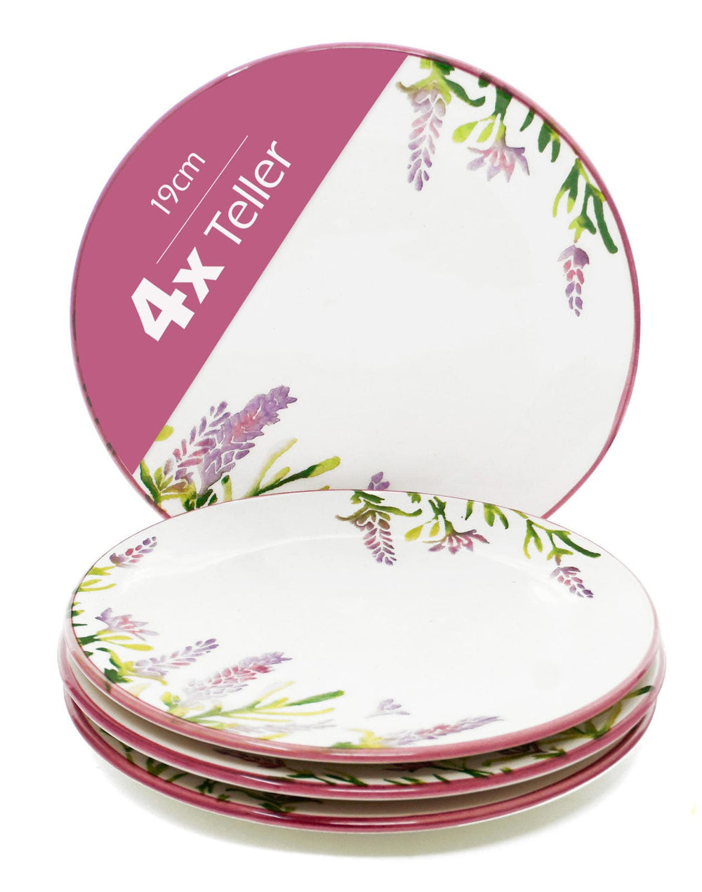 4x Frühstücksteller Lavendel lila, Servierteller flach, runde Keramikteller 19 cm Ø
