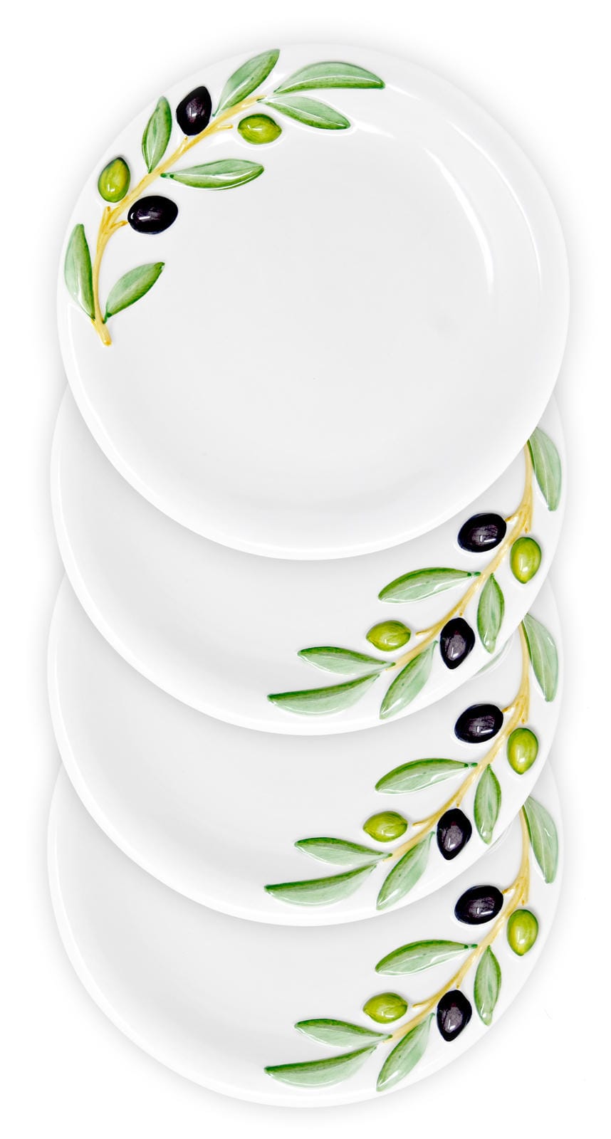 4er Set Handgearbeitete Oliven Keramikteller, Handbemalte Essteller 4 Stück mit Relief, Abendbrotteller 20 cm