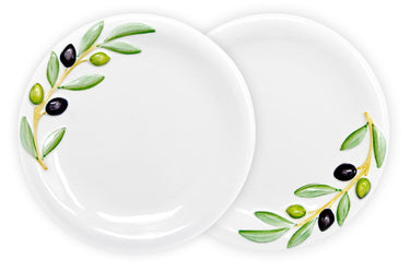 2er Set Runde Keramikteller, Doppelpack Handgearbeitete Abendbrotteller mit Oliven 3D Relief, Frühstücksteller 20 cm