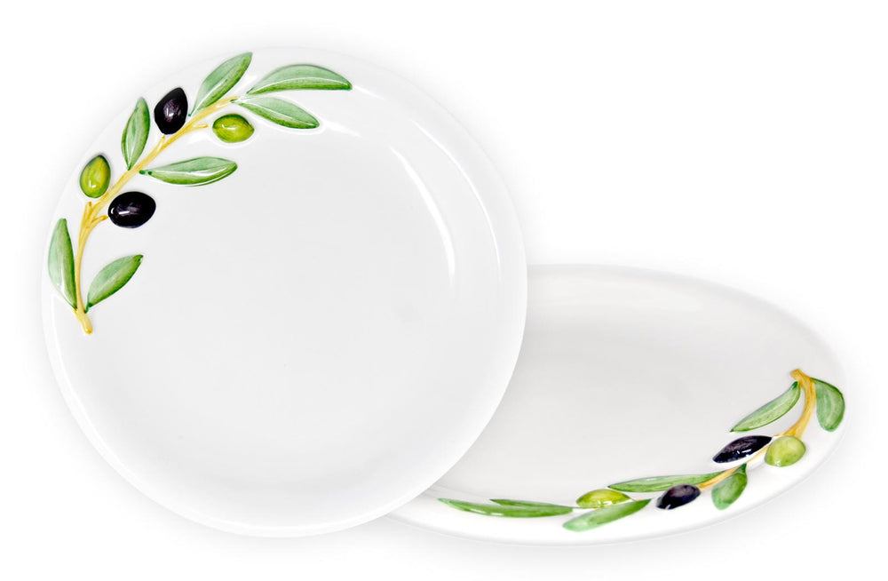 2er Set Runde Keramikteller, Doppelpack Handgearbeitete Abendbrotteller mit Oliven 3D Relief, Frühstücksteller 20 cm