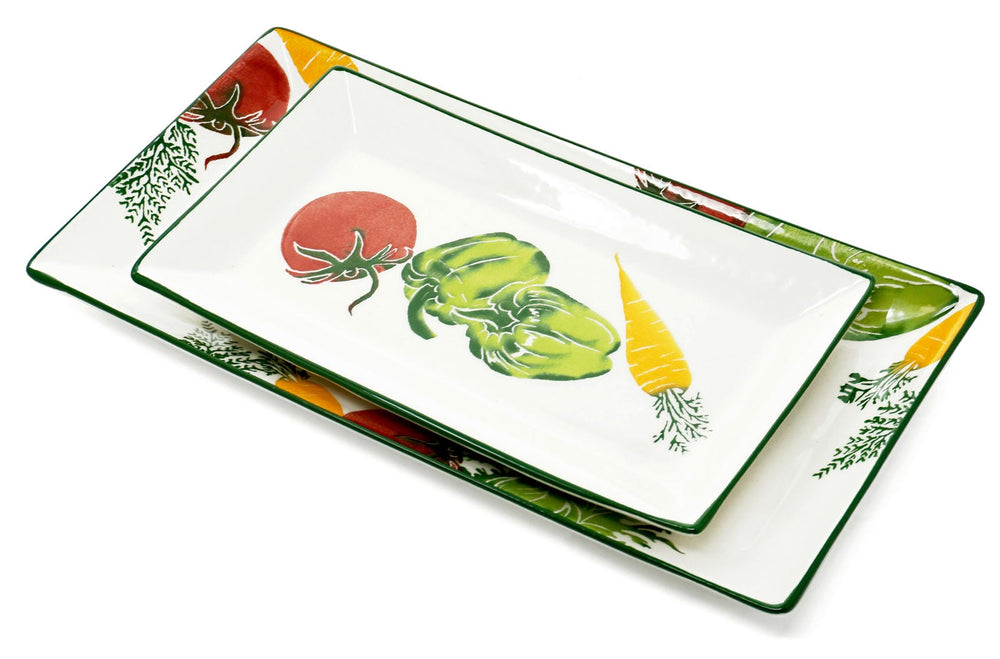Keramik Teller 2er Set, Dessertteller bunt Gemüse 28x15 cm, Fleischplatte groß 38x18 cm