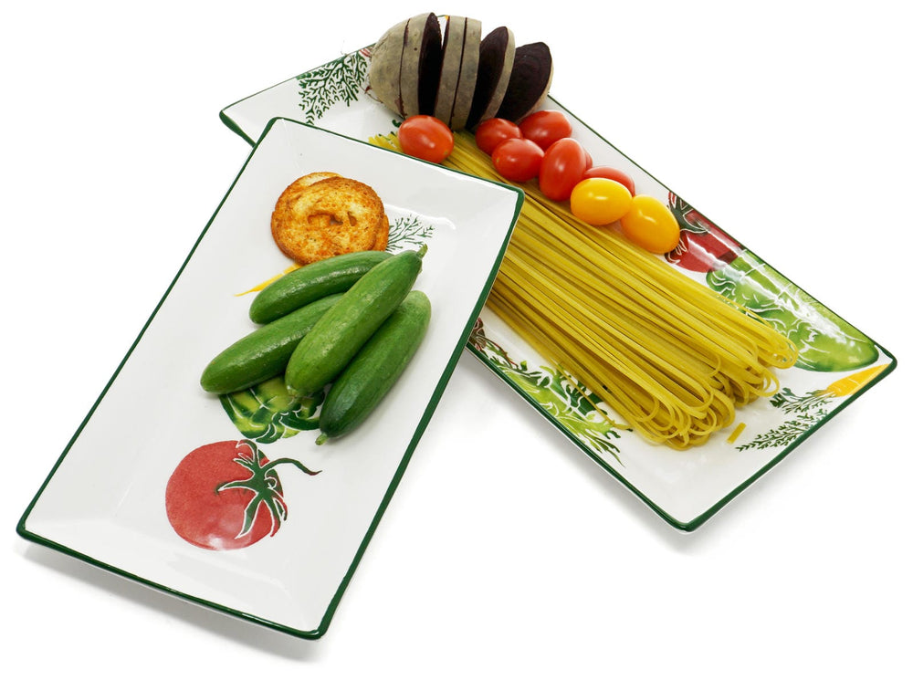 Keramik Teller 2er Set, Dessertteller bunt Gemüse 28x15 cm, Fleischplatte groß 38x18 cm