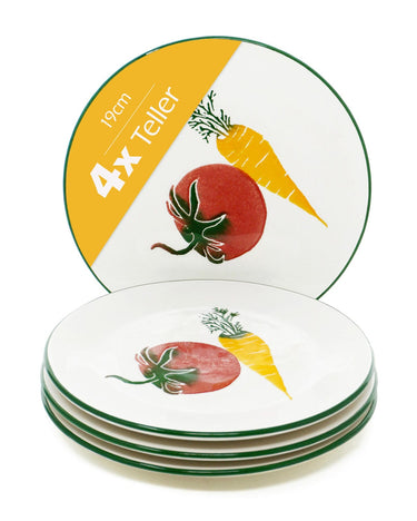 4er Keramik Teller Set 19 cm Ø, Speiseteller bunt flach, Kuchenteller rund Gemüse