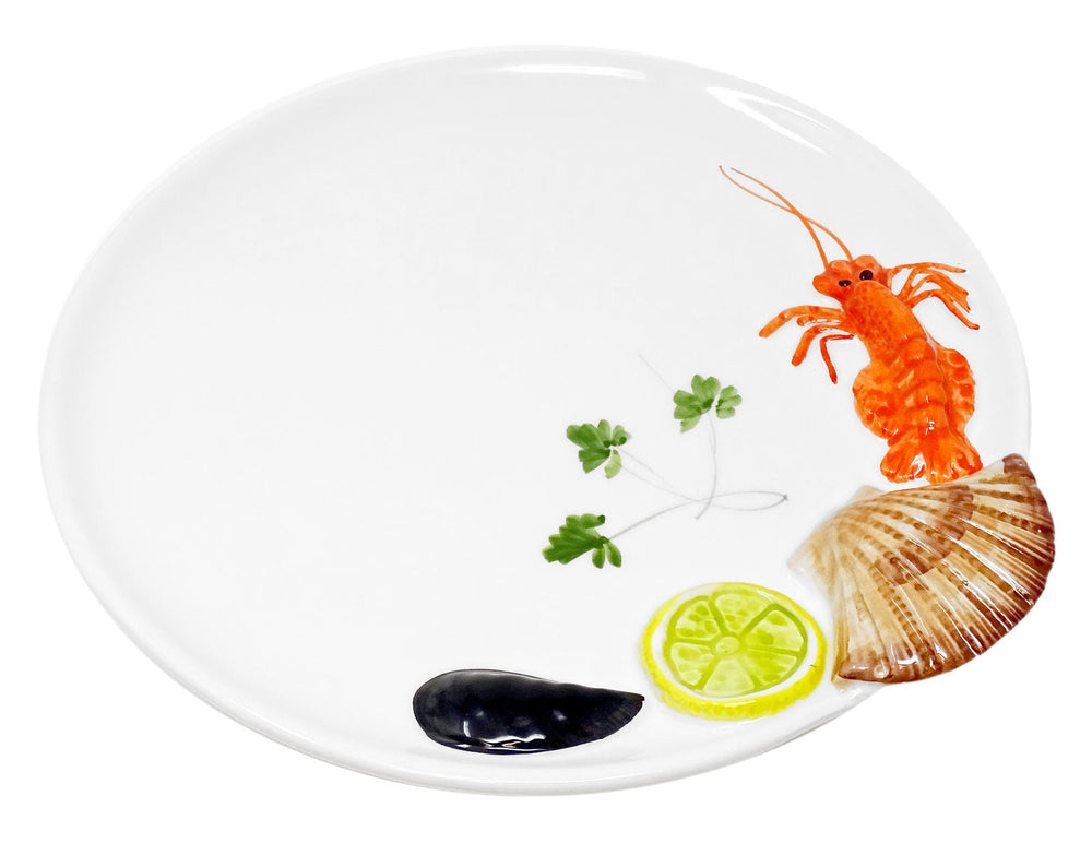 Handgemachter Platzteller aus Italienischer Keramik im Meeresfrüchte Design, Runder Fischteller 25 cm