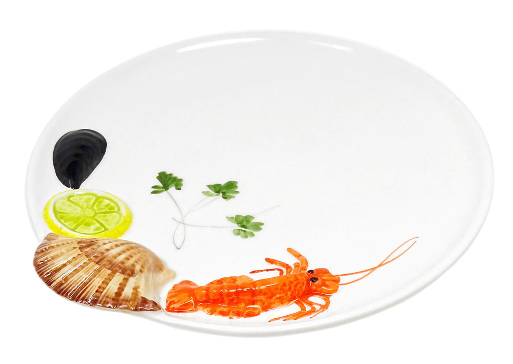Handgemachter Platzteller aus Italienischer Keramik im Meeresfrüchte Design, Runder Fischteller 25 cm