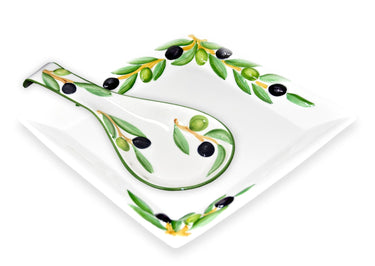 2er Set Handgemachte Keramik, Oliven Servierplatte 27 x 27 cm und Löffelablage aus Italienischer Keramik