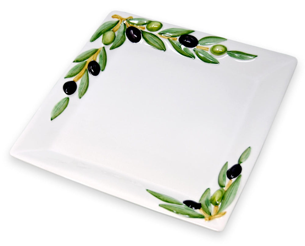 2er Set Handgemachte Keramik, Oliven Servierplatte 27 x 27 cm und Löffelablage aus Italienischer Keramik
