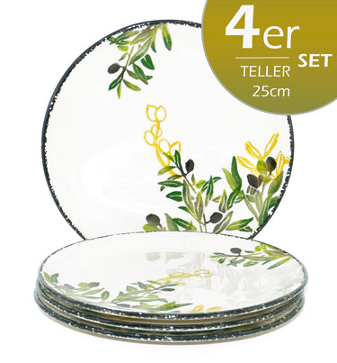 Keramik Teller Set Olive grün, bemalte Essteller 4er Set rund Ø 25 cm