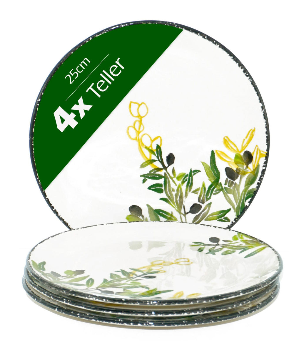 Keramik Teller Set Olive grün, bemalte Essteller 4er Set rund Ø 25 cm
