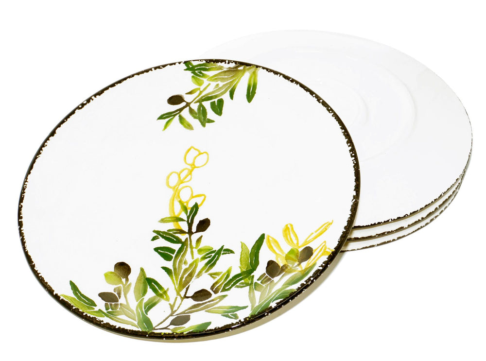 Keramik Teller Set Olive grün, bemalte Essteller 4er Set rund Ø 25 cm