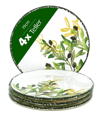 4x Mittelteller grün weiß, mittelgroße Tellerset Keramik Oliven 19 cm Ø